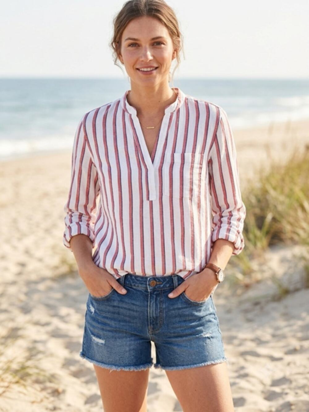 Gap 100% Linen Popover Tunic Top Women's M White Red Striped Long Sleeve V-Neck